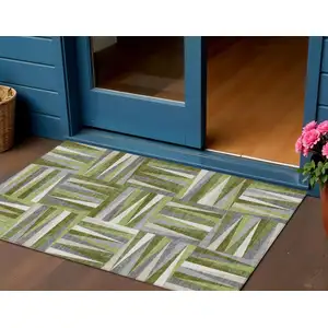 Photo of Green Gray And Ivory Geometric Washable Indoor Outdoor Area Rug