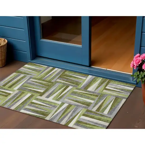 Green Gray And Ivory Geometric Washable Indoor Outdoor Area Rug Photo 1