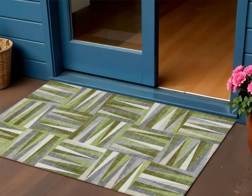 Green Gray And Ivory Geometric Washable Indoor Outdoor Area Rug Photo 1