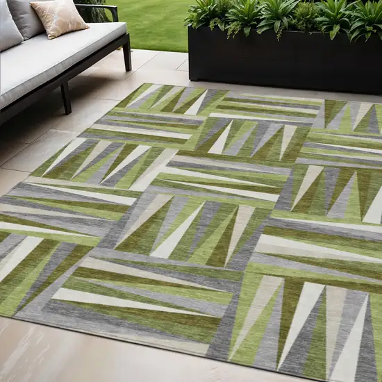 Green Gray And Ivory Geometric Washable Indoor Outdoor Area Rug Photo 1