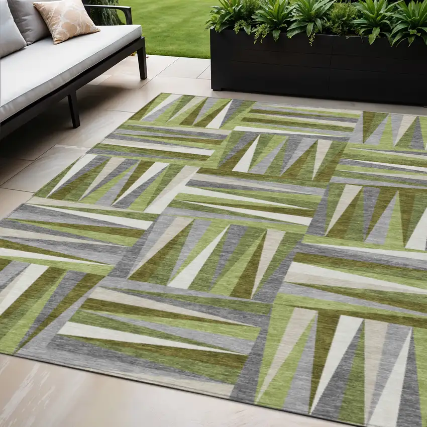 Green Gray And Ivory Geometric Washable Indoor Outdoor Area Rug Photo 1