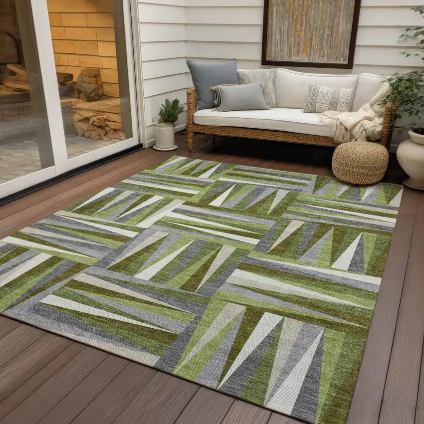 Green Gray And Ivory Geometric Washable Indoor Outdoor Area Rug Photo 8