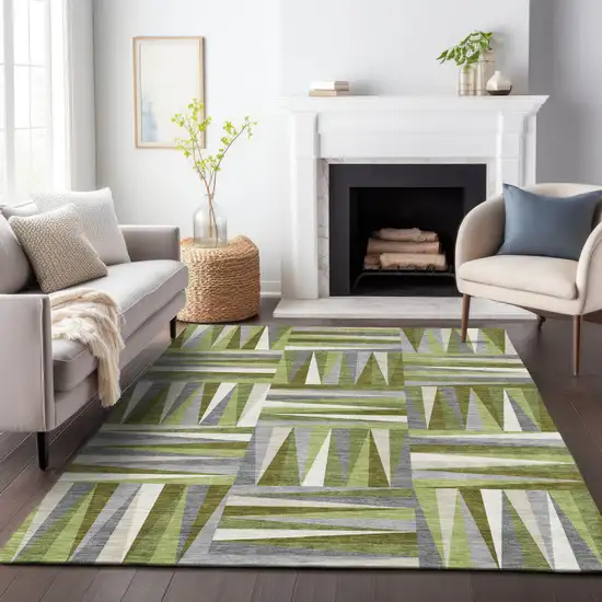 Green Gray And Ivory Geometric Washable Indoor Outdoor Area Rug Photo 9