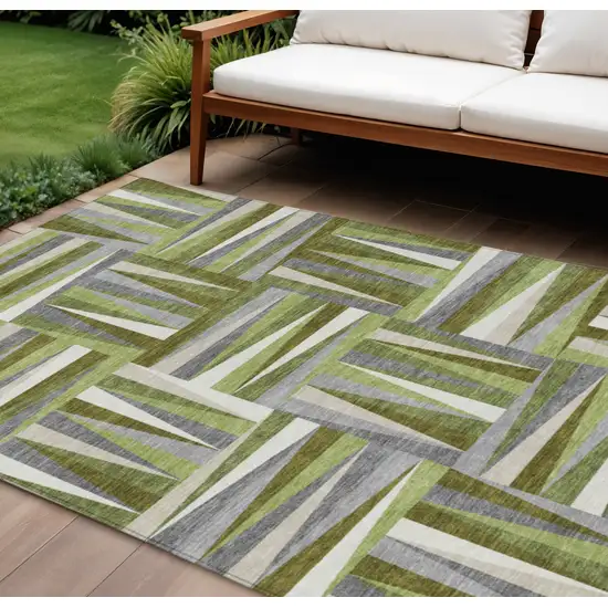 Green Gray And Ivory Geometric Washable Indoor Outdoor Area Rug Photo 1