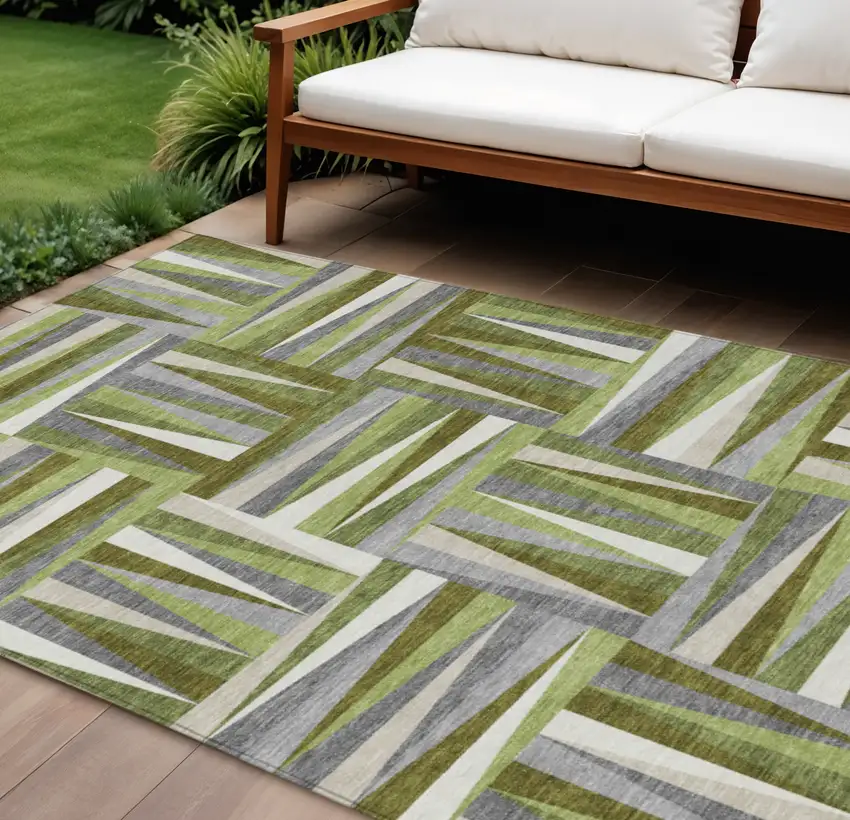 Green Gray And Ivory Geometric Washable Indoor Outdoor Area Rug Photo 1