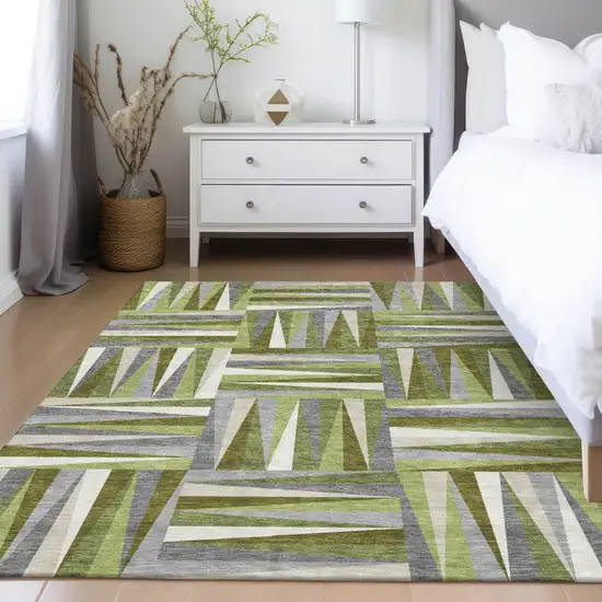 Green Gray And Ivory Geometric Washable Indoor Outdoor Area Rug Photo 9