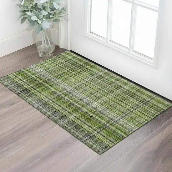 Green Gray And Ivory Plaid Washable Area Rug With UV Protection Photo 1