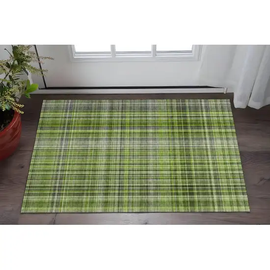 Green Gray And Ivory Plaid Washable Area Rug With UV Protection Photo 2