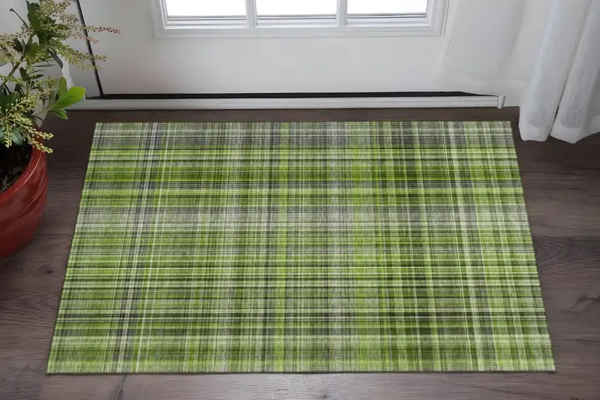 Green Gray And Ivory Plaid Washable Area Rug With UV Protection Photo 2