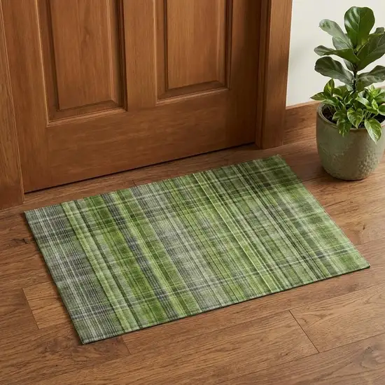 Green Gray And Ivory Plaid Washable Area Rug With UV Protection Photo 1