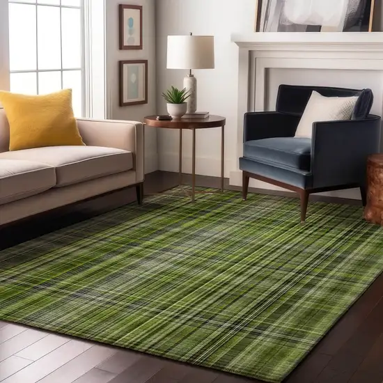 Green Gray And Ivory Plaid Washable Area Rug With UV Protection Photo 5