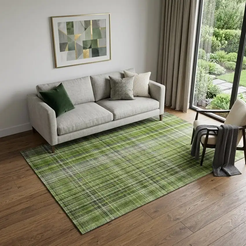Green Gray And Ivory Plaid Washable Area Rug With UV Protection Photo 1