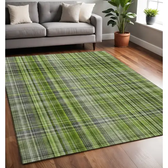 Green Gray And Ivory Plaid Washable Area Rug With UV Protection Photo 2