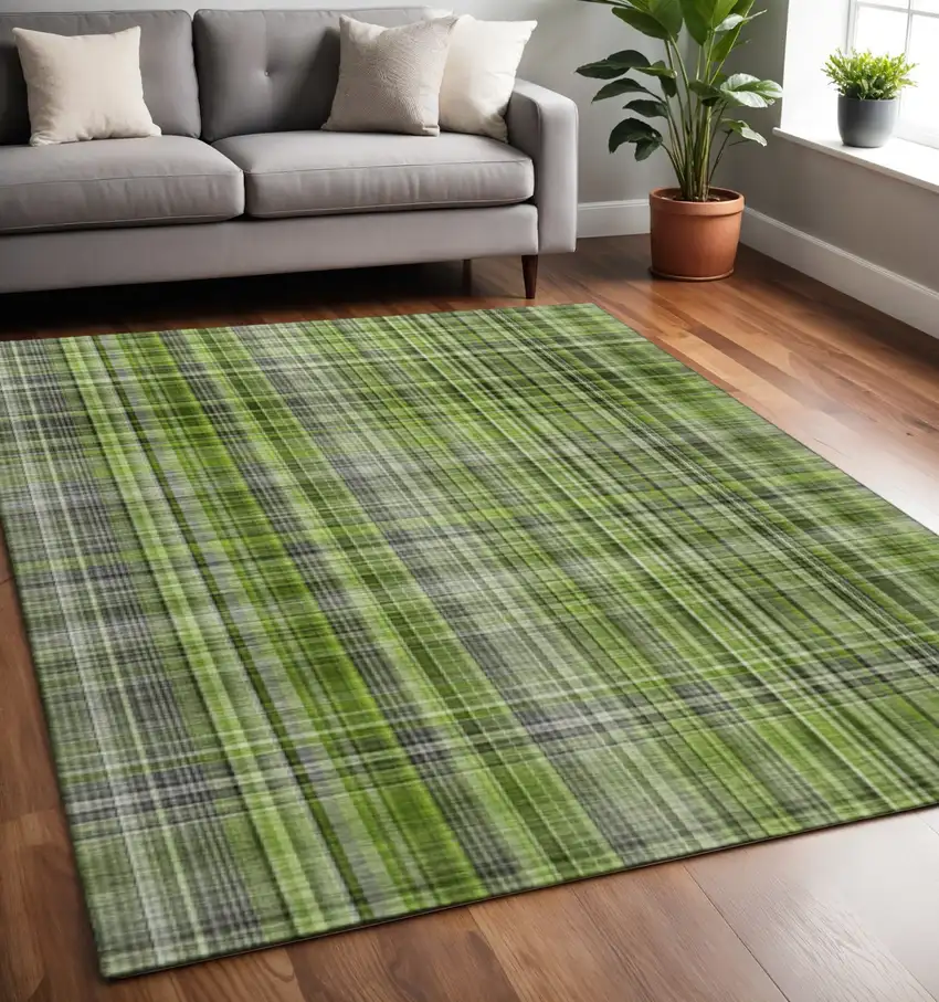 Green Gray And Ivory Plaid Washable Area Rug With UV Protection Photo 2