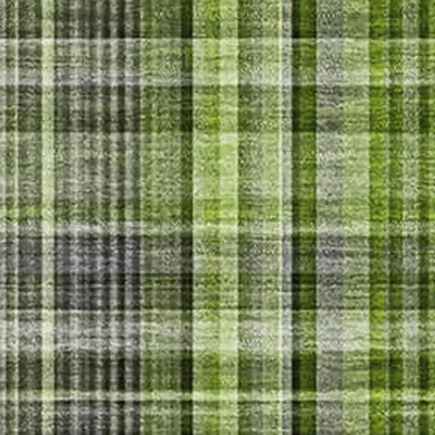 Green Gray And Ivory Plaid Washable Area Rug With UV Protection Photo 3