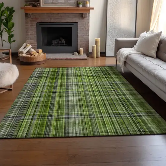 Green Gray And Ivory Plaid Washable Area Rug With UV Protection Photo 6
