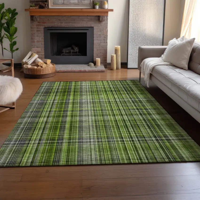 Green Gray And Ivory Plaid Washable Area Rug With UV Protection Photo 6