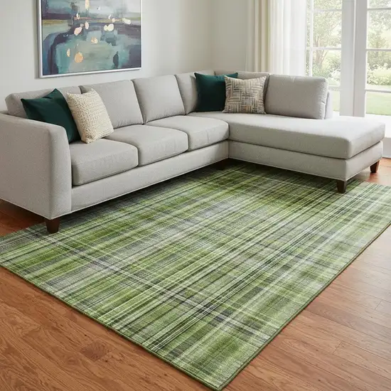 Green Gray And Ivory Plaid Washable Area Rug With UV Protection Photo 1