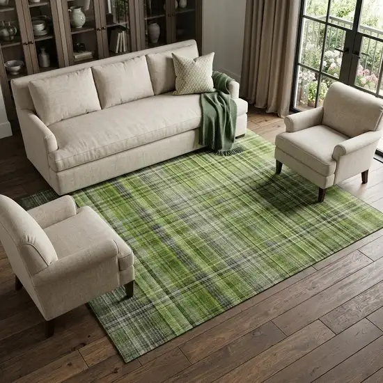 Green Gray And Ivory Plaid Washable Area Rug With UV Protection Photo 1