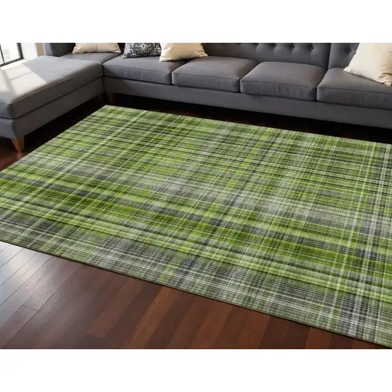 Green Gray And Ivory Plaid Washable Area Rug With UV Protection Photo 2