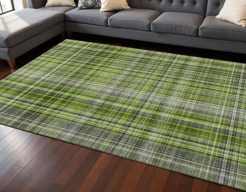 Green Gray And Ivory Plaid Washable Area Rug With UV Protection Photo 2
