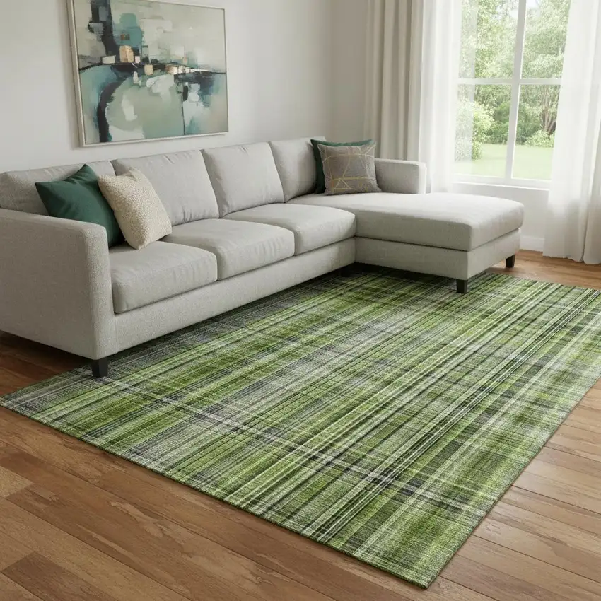 Green Gray And Ivory Plaid Washable Area Rug With UV Protection Photo 1