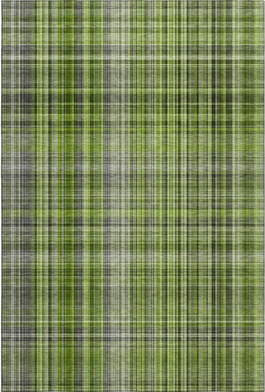 Green Gray And Ivory Plaid Washable Area Rug With UV Protection Photo 1