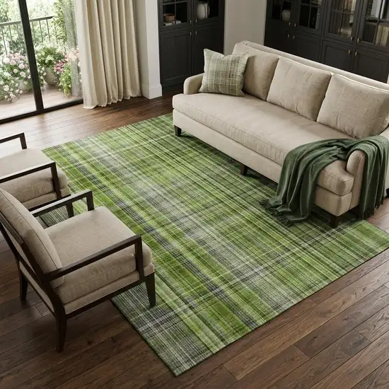 Green Gray And Ivory Plaid Washable Area Rug With UV Protection Photo 1