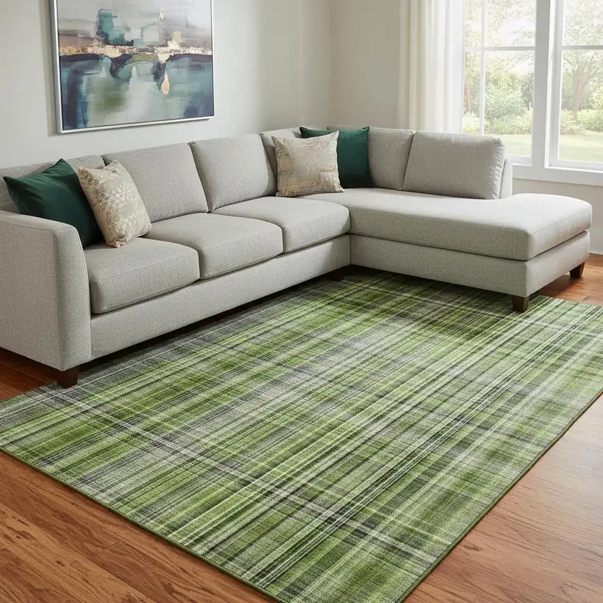 Green Gray And Ivory Plaid Washable Area Rug With UV Protection Photo 1