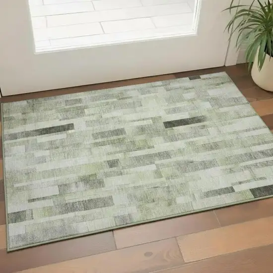 Green Gray And Ivory Striped Washable Area Rug With UV Protection Photo 2