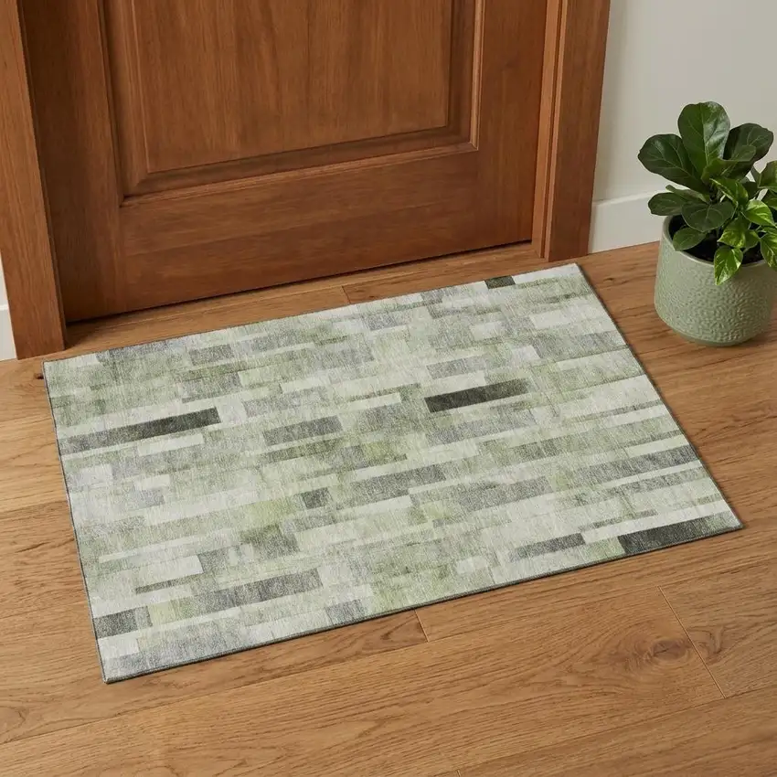 Green Gray And Ivory Striped Washable Area Rug With UV Protection Photo 1