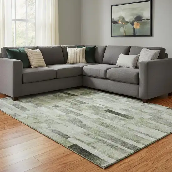 Green Gray And Ivory Striped Washable Area Rug With UV Protection Photo 2