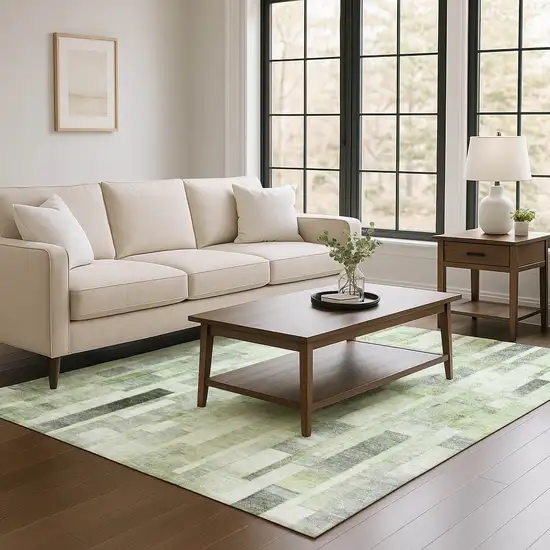 Green Gray And Ivory Striped Washable Area Rug With UV Protection Photo 4