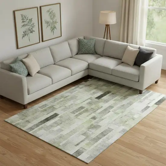 Green Gray And Ivory Striped Washable Area Rug With UV Protection Photo 2