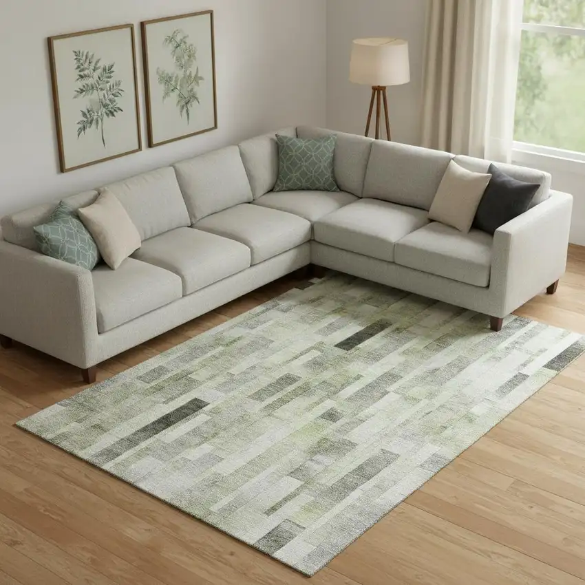 Green Gray And Ivory Striped Washable Area Rug With UV Protection Photo 2