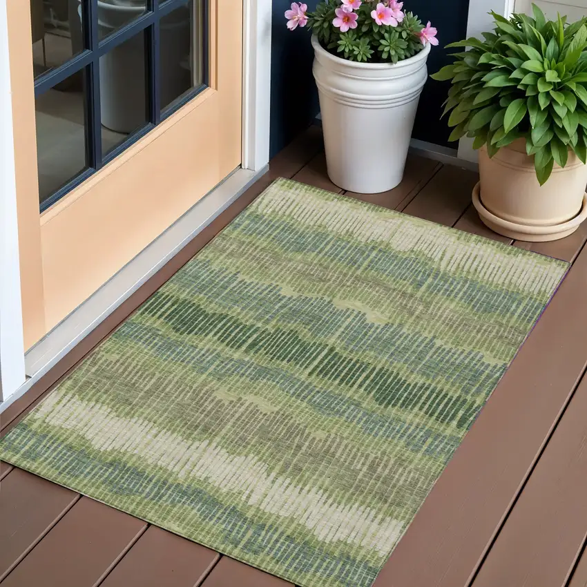 Green Gray And Ivory Striped Washable Indoor Outdoor Area Rug Photo 1
