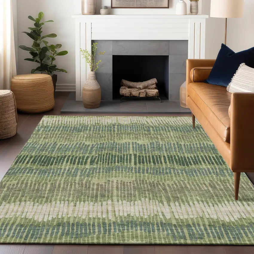 Green Gray And Ivory Striped Washable Indoor Outdoor Area Rug Photo 9