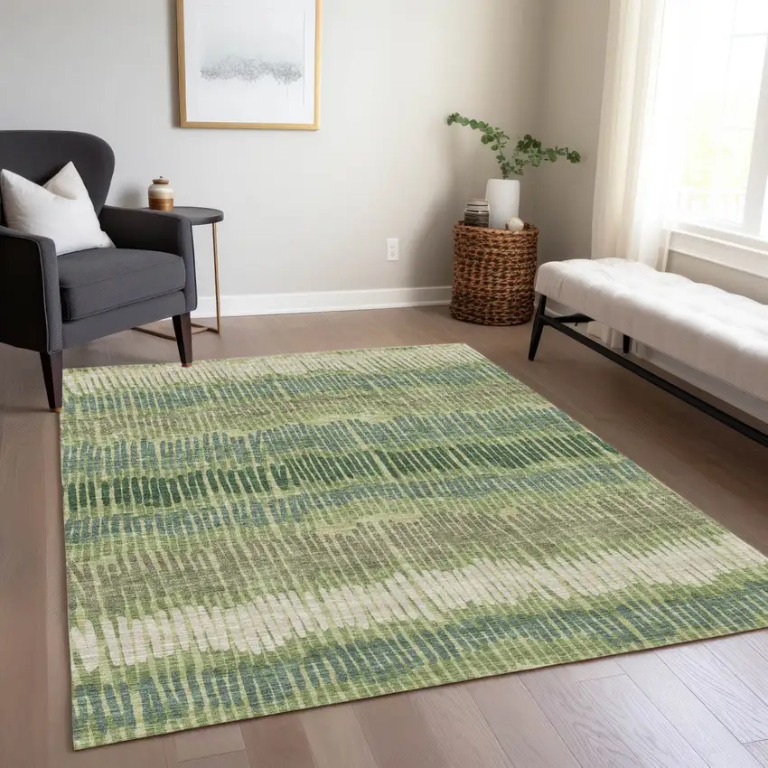 Green Gray And Ivory Striped Washable Indoor Outdoor Area Rug Photo 9