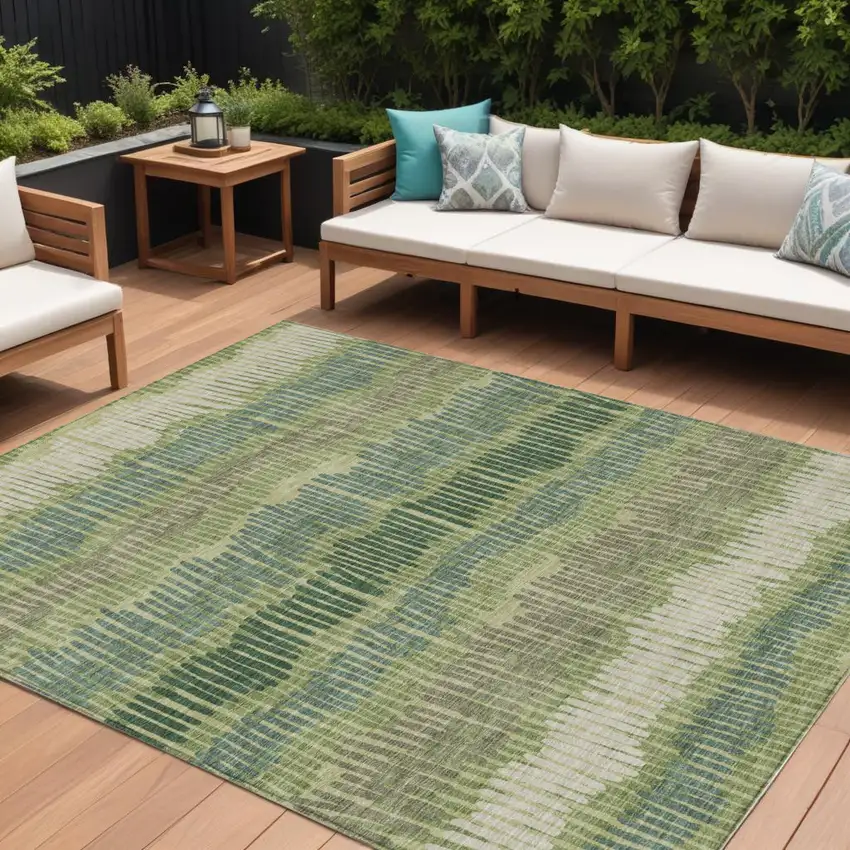 Green Gray And Ivory Striped Washable Indoor Outdoor Area Rug Photo 1