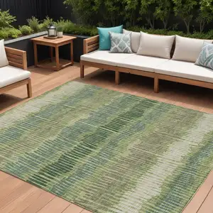 Photo of Green Gray And Ivory Striped Washable Indoor Outdoor Area Rug