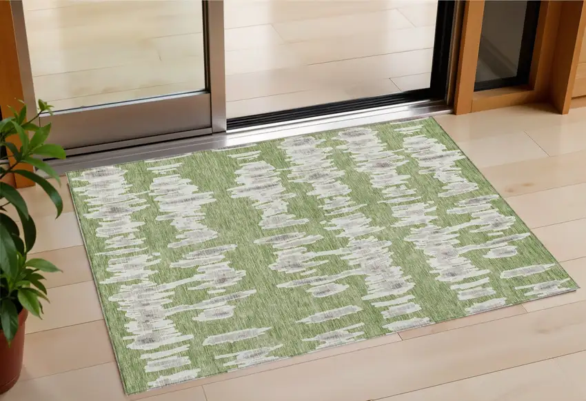Green Gray And Ivory Striped Washable Indoor Outdoor Area Rug Photo 1