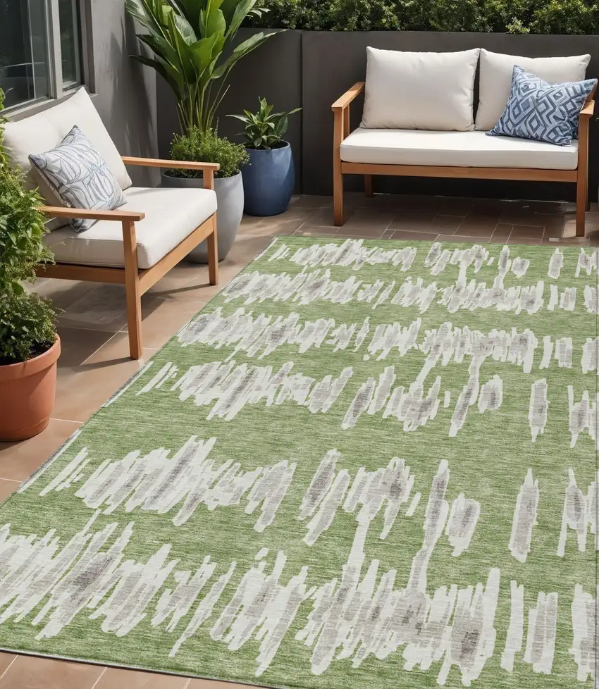 Green Gray And Ivory Striped Washable Indoor Outdoor Area Rug Photo 1