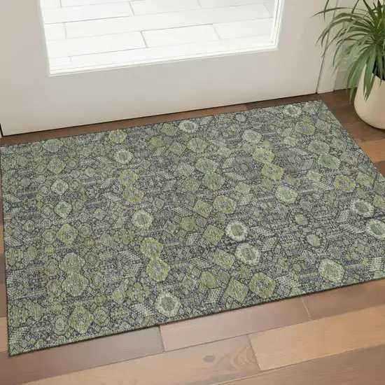 Green Gray And Ivory Tribal Washable Area Rug With UV Protection Photo 1