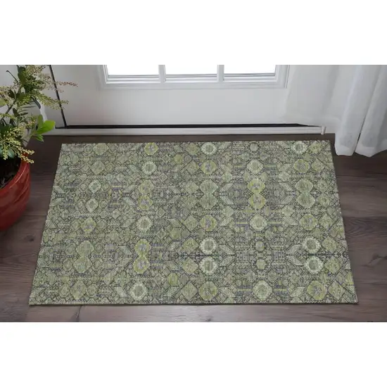 Green Gray And Ivory Tribal Washable Area Rug With UV Protection Photo 2