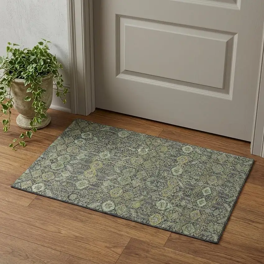 Green Gray And Ivory Tribal Washable Area Rug With UV Protection Photo 1