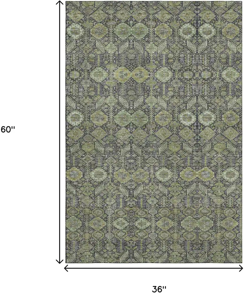Green Gray And Ivory Tribal Washable Area Rug With UV Protection Photo 3