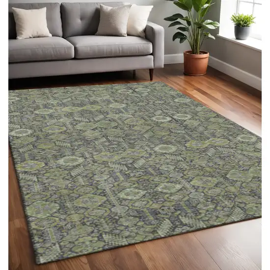 Green Gray And Ivory Tribal Washable Area Rug With UV Protection Photo 2