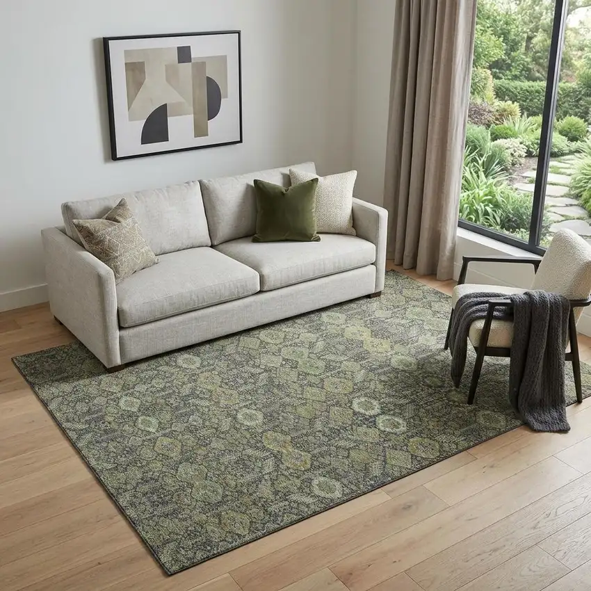 Green Gray And Ivory Tribal Washable Area Rug With UV Protection Photo 1