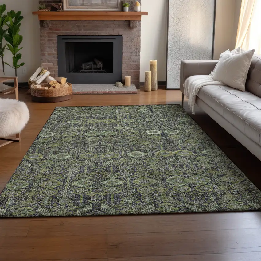 Green Gray And Ivory Tribal Washable Area Rug With UV Protection Photo 5