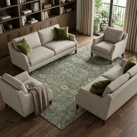 Green Gray And Ivory Tribal Washable Area Rug With UV Protection Photo 1